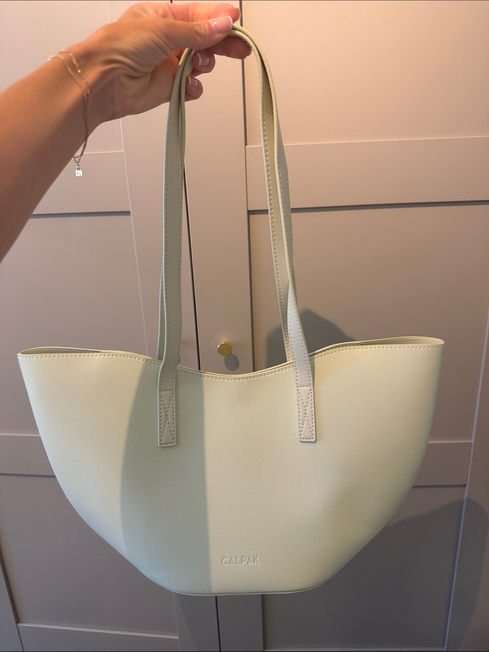 Calpak Cream Leather-Look Tote with Long Shoulder Straps